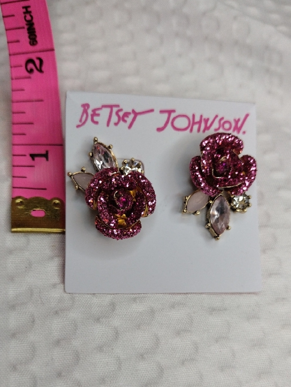 Betsey Johnson Sparkling Hot Pink Mismatch  Rose Stud Earrings With Accents - Picture 6 of 7